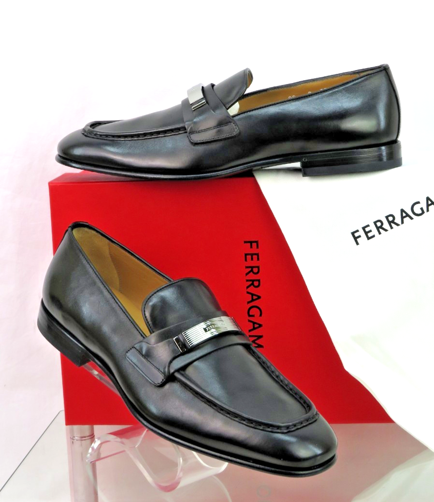Nib Ferragamo Dumas Black Leather Metal Enraved Logo Loafers 12 Ee